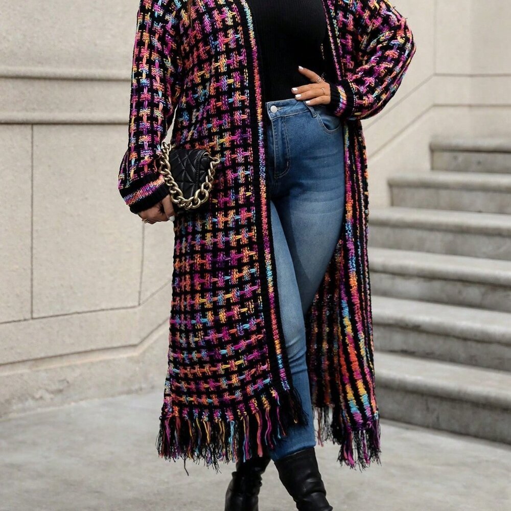 Multicolor Casual Women's Plus Size Long Plaid Mixed Color Fringed Hem Cardigan - Picture 7 of 7
